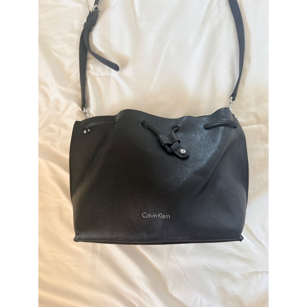 Calvin Klein Fay Drawstring Hobo Bucket Bag Crossbody Silver Logo